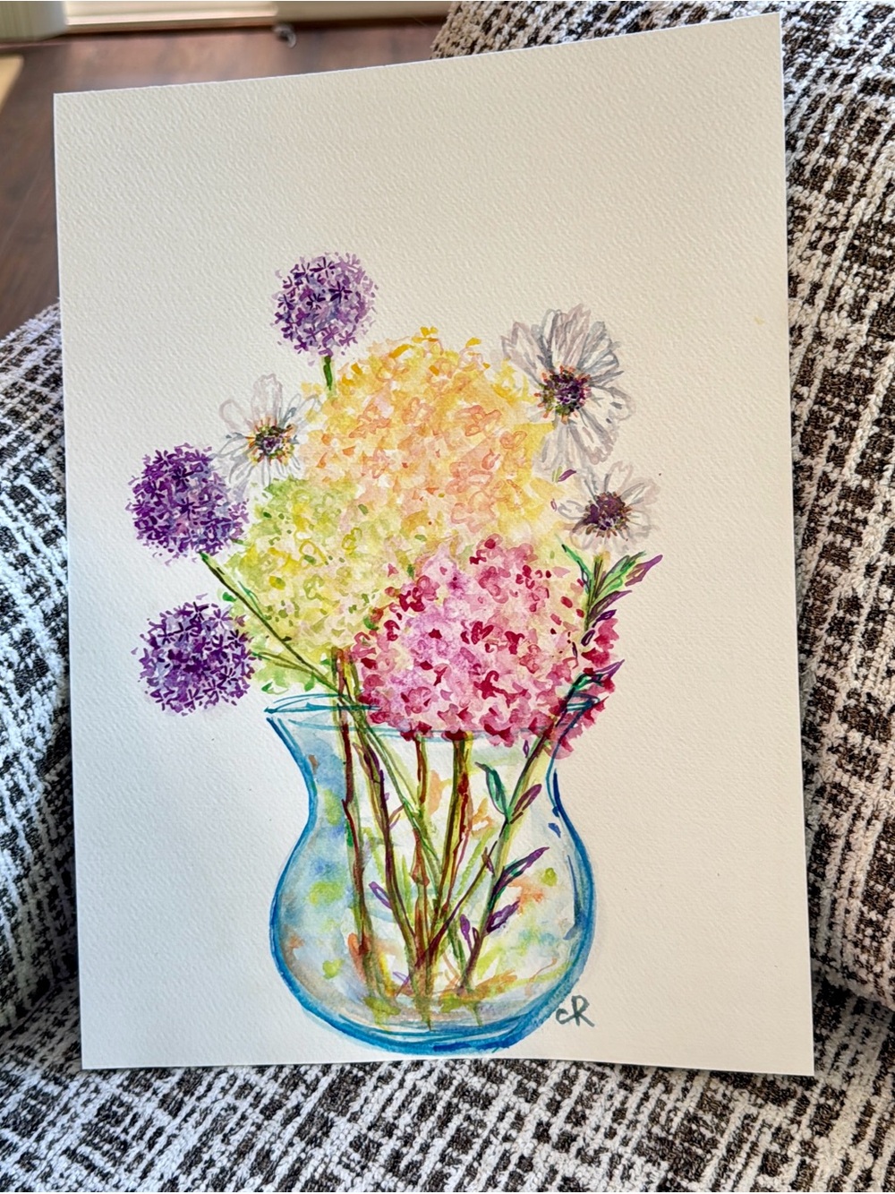 Watercolor Floral Bouquet Painting - Pink, Yellow & Purple